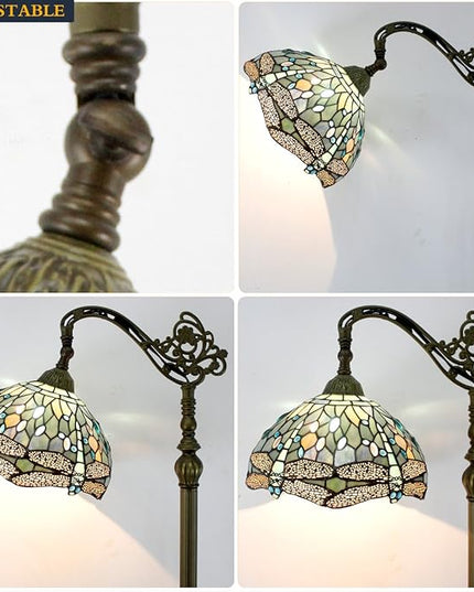 WERFACTORY Tiffany Floor Lamp Sea Blue Stained Glass Dragonfly Arched Lamp 12X18X64 Inches Gooseneck Adjustable Corner Standing Reading Light Decor Bedroom Living Room S147 Series - LeafyLoom