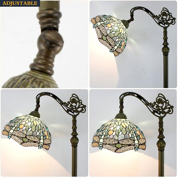 WERFACTORY Tiffany Floor Lamp Sea Blue Stained Glass Dragonfly Arched Lamp 12X18X64 Inches Gooseneck Adjustable Corner Standing Reading Light Decor Bedroom Living Room S147 Series - LeafyLoom