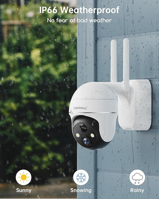 2K Security Camera Outdoor Wireless WiFi with 360° PTZ, ZUMIMALL Battery Powered Wireless Cameras for Home Surveillance, Spotlight & Siren/PIR Detection/3MP Color Night Vision/2-Way Talk/IP66/Cloud/SD ZUMIMALL