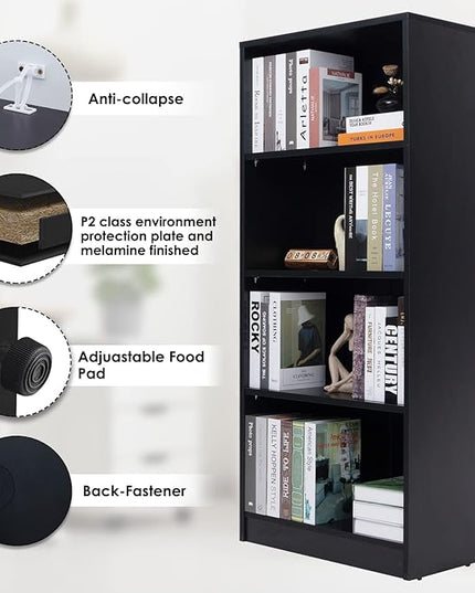 Sunon 4 Shelf Wood Bookcase Freestanding Display Shelf Adjustable Layers Bookshelf for Home Office Library Small Narrow Space (Black, 4-Layers) - LeafyLoom