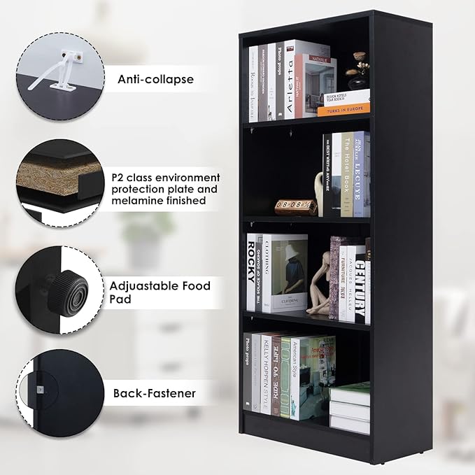 Sunon 4 Shelf Wood Bookcase Freestanding Display Shelf Adjustable Layers Bookshelf for Home Office Library Small Narrow Space (Black, 4-Layers) - LeafyLoom