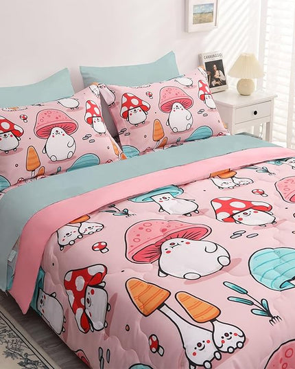 Wajade Kids Cute Mushroom Comforter Set Bed in A Bag Full Size 7 Piece Pink Cartoon Mushroom Head Bedding Set for Girls (1 Comforter, 1 Flat Sheet, 1 Fitted Sheet, 2 Pillowcase and 2 Pillow Sham) - LeafyLoom