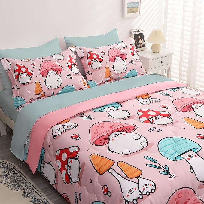 Wajade Kids Cute Mushroom Comforter Set Bed in A Bag Full Size 7 Piece Pink Cartoon Mushroom Head Bedding Set for Girls (1 Comforter, 1 Flat Sheet, 1 Fitted Sheet, 2 Pillowcase and 2 Pillow Sham) - LeafyLoom