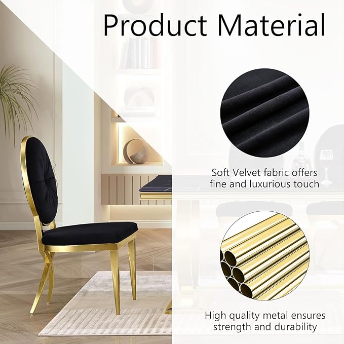 ACEDÉCOR Black and Gold Dining Chairs, Velvet Upholstered Dining Room Chair with Oval Back & Gold Unique Legs, Mid-Century Modern Armless Chair Set of 10 - LeafyLoom