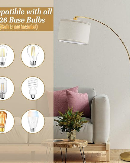 Arc Floor Lamps for Living Room, Gold Modern Floor Lamp, Tall Pole Lamp with Foot Switch, Adjustable Hanging Drum Shade, Over Couch Arched Reading Light for Bedroom, Office, LED Bulb Not Include - LeafyLoom