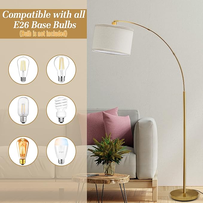 Arc Floor Lamps for Living Room, Gold Modern Floor Lamp, Tall Pole Lamp with Foot Switch, Adjustable Hanging Drum Shade, Over Couch Arched Reading Light for Bedroom, Office, LED Bulb Not Include - LeafyLoom