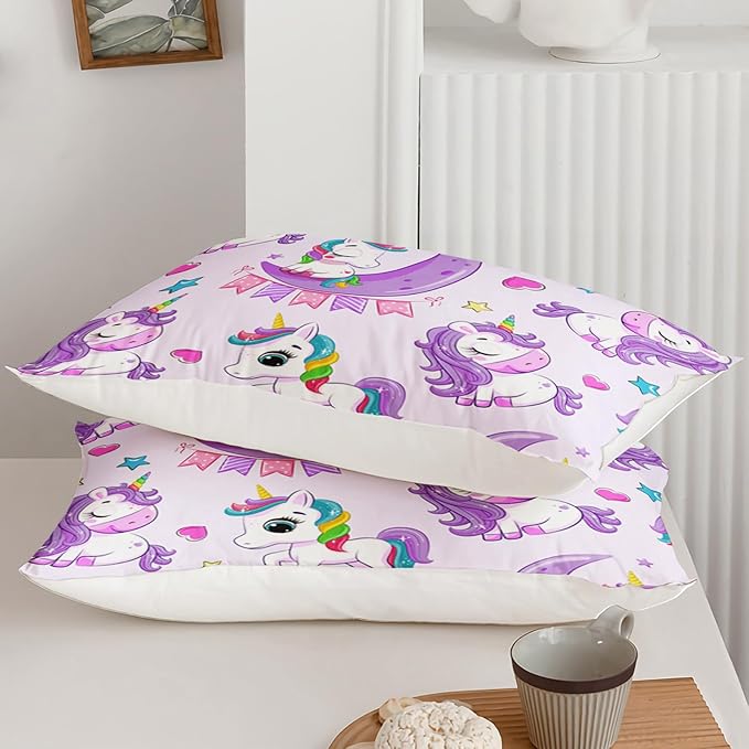 Axolotl Purple Unicorn Comforter Set Queen Size,Girls Bedding Set,Cute Unicorn Rainbow Bedding Set with Stars for Kids Girls Teens Adults Women,1 Comforter with 2 Pillowcase Unicorn Gifts for Girls - LeafyLoom
