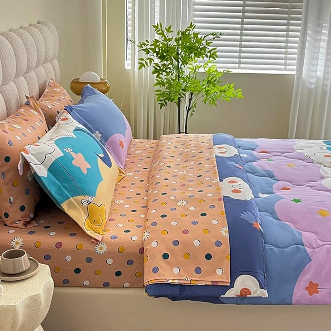 Kids Moon Stars Cloud Comforter Set Twin size - 7 Piece Rainbow Kawaii Bedding Set Bed in A Bag for Girls Boys Teens - Goodnight Moon Neutral Soft Comfortable Machine Washable Bed Set - LeafyLoom