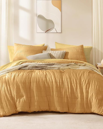 CASAAGUSTO Queen Comforter Set, 7 Pieces Mustard Yellow Seersucker Bed in a Bag Queen Size Soft All Seasons, Bedding Sets with Comforter, Flat Sheet, Fitted Sheet, 2 Pillow Shams, 2 Pillowcases - LeafyLoom