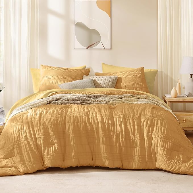 CASAAGUSTO Queen Comforter Set, 7 Pieces Mustard Yellow Seersucker Bed in a Bag Queen Size Soft All Seasons, Bedding Sets with Comforter, Flat Sheet, Fitted Sheet, 2 Pillow Shams, 2 Pillowcases - LeafyLoom