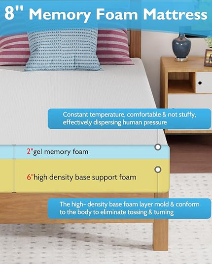 FDW 8 inch Gel Memory Foam Mattress for Cool Sleep & Pressure Relief, Medium Firm Mattresses CertiPUR-US Certified/Bed-in-a-Box/Pressure Relieving,Twin XL - LeafyLoom