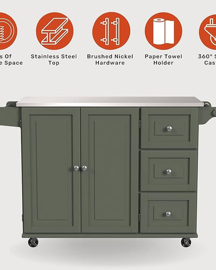 Homestyles Mobile Kitchen Island Cart with Stainless Steel Top, Sage Green - LeafyLoom