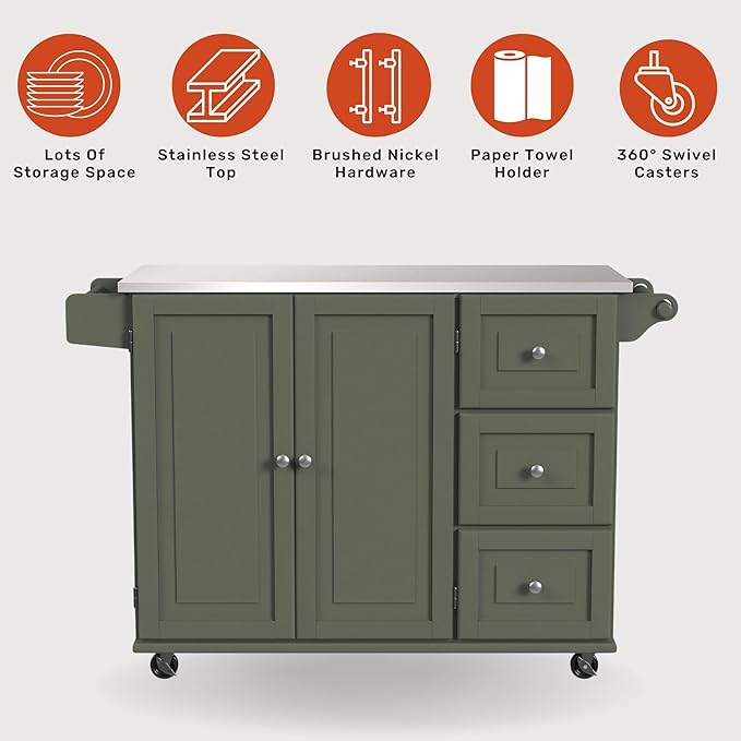 Homestyles Mobile Kitchen Island Cart with Stainless Steel Top, Sage Green - LeafyLoom