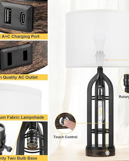 Table Lamp for Living Room - White Farmhouse Lamps for Night Stands with USB C+A, 3 Way Dimmable End Table Lamps Set of 2, Vintage Bedside Lamp for End Tables, Rustic Nightstand Lamps for Bedroom - LeafyLoom