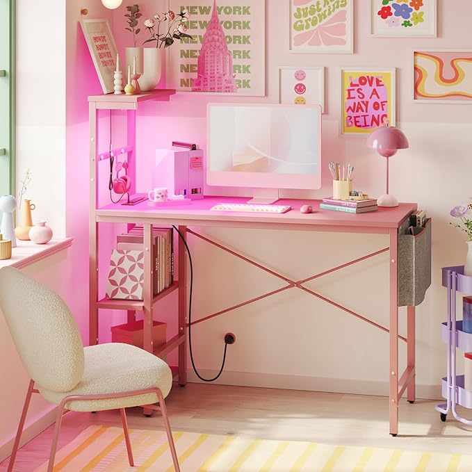 Bestier Pink Gaming Desk with Power Outlets, 44 Inch Led Gamer Desk with 4 Tiers Reversible Shelves, Pink Computer Desk with Headset Hook & Side Storage Bag for Bedroom (Pink 3D Carbon Fiber) - LeafyLoom