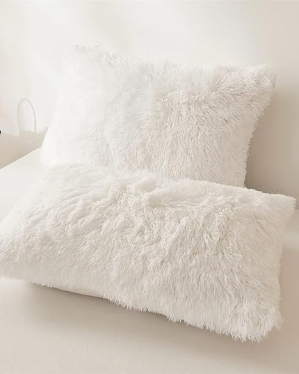 FOPPA Luxury Faux Fur Comforter Cover Set Ultra Soft Plush Bedding Sets 3 Pieces (1 Faux Fur Duvet Cover + 2 Faux Fur Pillow case) Zipper (White, Queen) - LeafyLoom