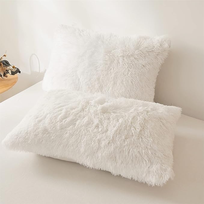 FOPPA Luxury Faux Fur Comforter Cover Set Ultra Soft Plush Bedding Sets 3 Pieces (1 Faux Fur Duvet Cover + 2 Faux Fur Pillow case) Zipper (White, Queen) - LeafyLoom