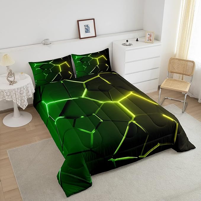 Honeycomb Comforter Green Yellow Hexagonal Print Bedding Set for Kids Boys Girls Children Beehive Geometrical Comforter Set Ultra Soft Decor Reticulated Duvet Set Full Size - LeafyLoom