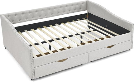 Queen Size Upholstered Daybed with Two Storage Trundle Drawers, Wooden Sofa Bed w/Button Tufted Backrest and Waved Shape Arms, No Box Spring Needed, for Living Room, Bedroom, Dorm, Beige - LeafyLoom