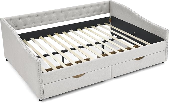 Queen Size Upholstered Daybed with Two Storage Trundle Drawers, Wooden Sofa Bed w/Button Tufted Backrest and Waved Shape Arms, No Box Spring Needed, for Living Room, Bedroom, Dorm, Beige - LeafyLoom
