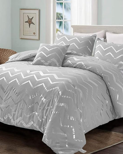 Grey and Silver Comforter Set Twin Size Metallic Print Geometric Bedding Set Lightweight Microfiber Comforter for Teen Girls Boys Women (1 Pillow Sham + 1 Decorative Pillow Sham) - LeafyLoom