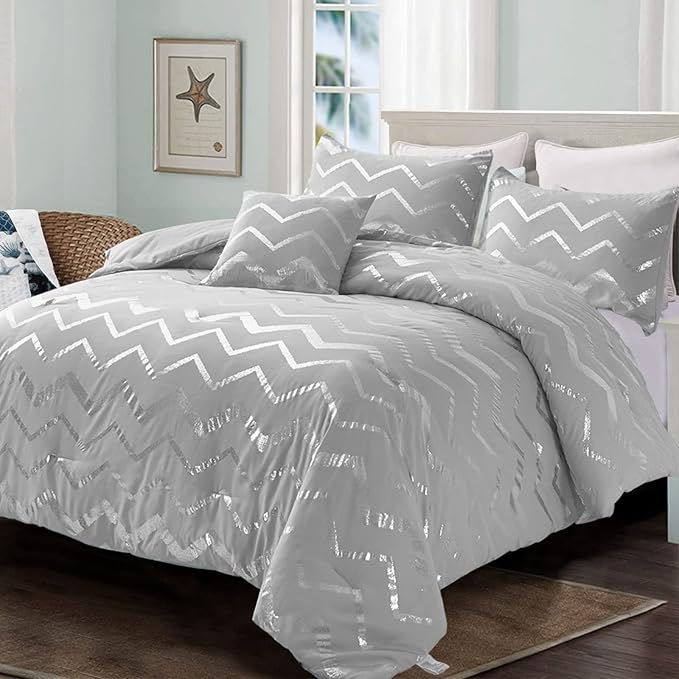 Grey and Silver Comforter Set Queen Metallic Print Geometric Bedding Set, 4 Pieces Lightweight Microfiber Bed Set for Teen Kids Boys (2 Pillow Shams + 1 Decorative Pillow Sham) - LeafyLoom