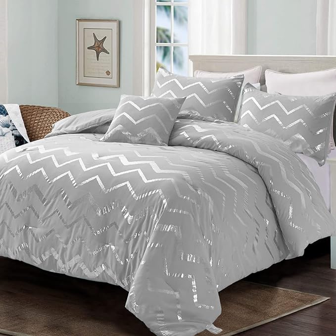 Grey and Silver Comforter Set King Size, Metallic Print Geometric Bedding Set, 4 Piece Lightweight Microfiber Comforter for Teen Girls Boys Women (2 Pillow Shams + 1 Decorative Pillow Sham) - LeafyLoom