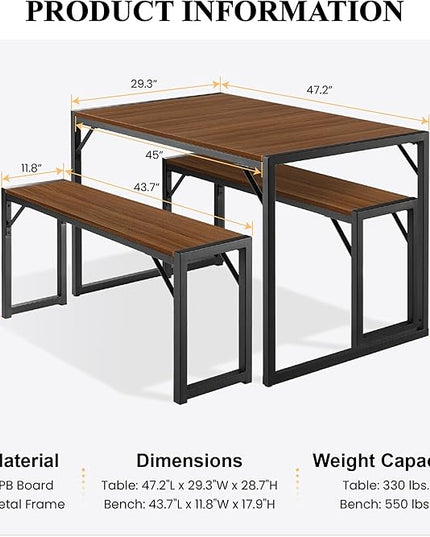SHA CERLIN 3-Piece Dining Table Set with 2 Benches, Rustic Kitchen Table Set for 4-6, Space-Saving Dinette, Sturdy Structure, Easy Assemble, Walnut/Black - LeafyLoom