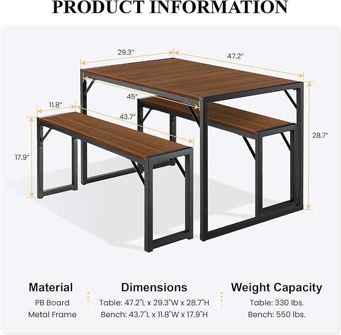 SHA CERLIN 3-Piece Dining Table Set with 2 Benches, Rustic Kitchen Table Set for 4-6, Space-Saving Dinette, Sturdy Structure, Easy Assemble, Walnut/Black - LeafyLoom