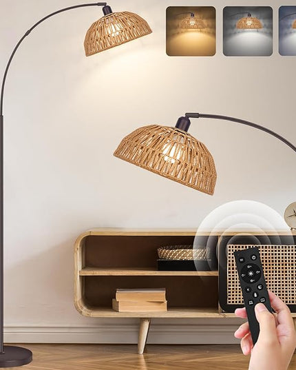 Boho Floor Lamp with Remote- Arc Tall Lamps, Bronze Floor Lamps with Stepless Dimmable Bulb, Hand-Worked Adjustable Rattan Lampshades, Brown Rattan Standing Lamp - LeafyLoom
