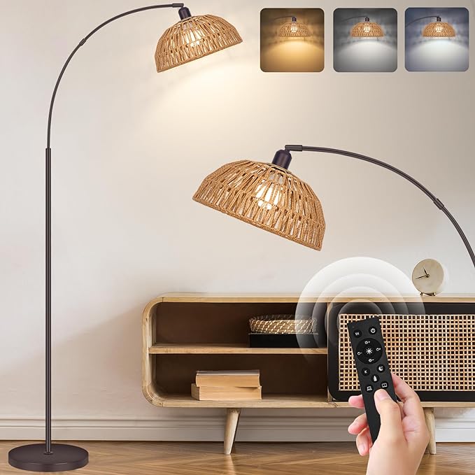 Boho Floor Lamp with Remote- Arc Tall Lamps, Bronze Floor Lamps with Stepless Dimmable Bulb, Hand-Worked Adjustable Rattan Lampshades, Brown Rattan Standing Lamp - LeafyLoom