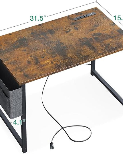 KKL Small Desk with Power Outlets and USB Port Computer Desk for Home Office Gaming Simple Modern Style Writing Desks with Storage Bag Headphone Hook, 32 inch, Rustic Brown - LeafyLoom