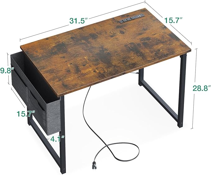 KKL Small Desk with Power Outlets and USB Port Computer Desk for Home Office Gaming Simple Modern Style Writing Desks with Storage Bag Headphone Hook, 32 inch, Rustic Brown - LeafyLoom