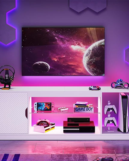 Bestier Gaming TV Stand with Removable Glass Shelves for 55/60/65 Inch TV,Led Entertainment Center & 22 Dynamic RGB Modes for PS5 PS4,Modern TV Console for Living Room Bedroom Carbon Fiber White - LeafyLoom