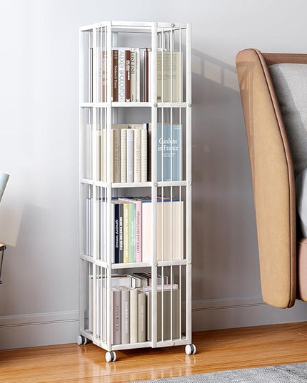 Rotating Bookcase White 4 Tiers Metal Bookshelf Large Capacity for Small Space with Storage and Creative Multi-Layer Shelves,Magazine&Books for Bedroom Living Room Study and Office - LeafyLoom