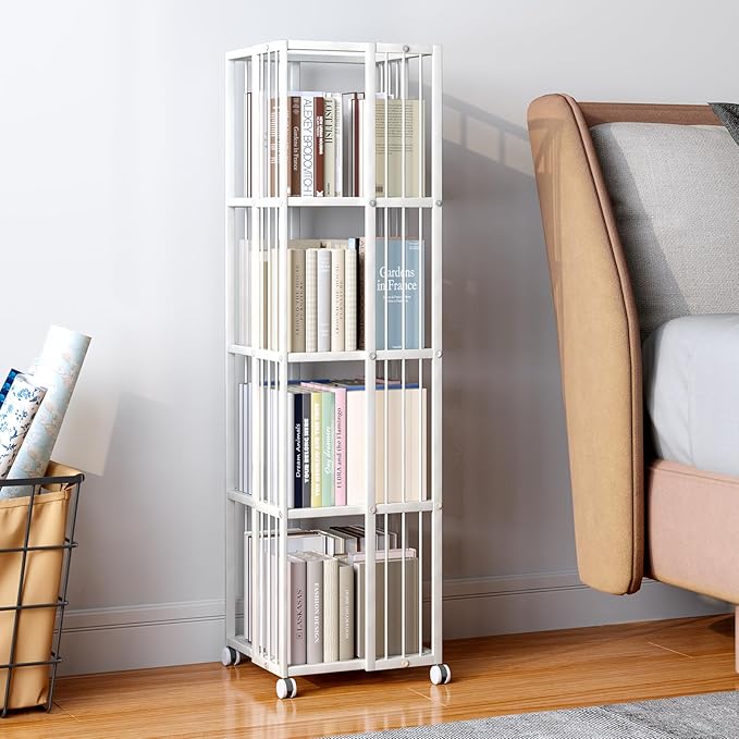 Rotating Bookcase White 4 Tiers Metal Bookshelf Large Capacity for Small Space with Storage and Creative Multi-Layer Shelves,Magazine&Books for Bedroom Living Room Study and Office - LeafyLoom