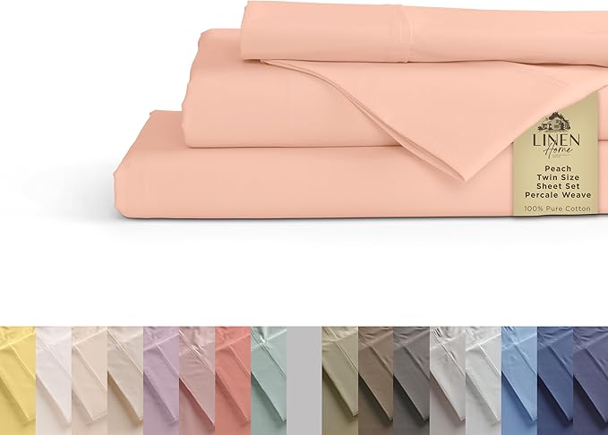 100% Cotton Percale Sheets Twin Size,Tropical Peach, Deep Pocket, 3 Pieces Sheet Set - 1 Flat, 1 Deep Pocket Fitted Sheet and 1 Pillowcase, Crisp Cool and Strong Bed Linen - LeafyLoom