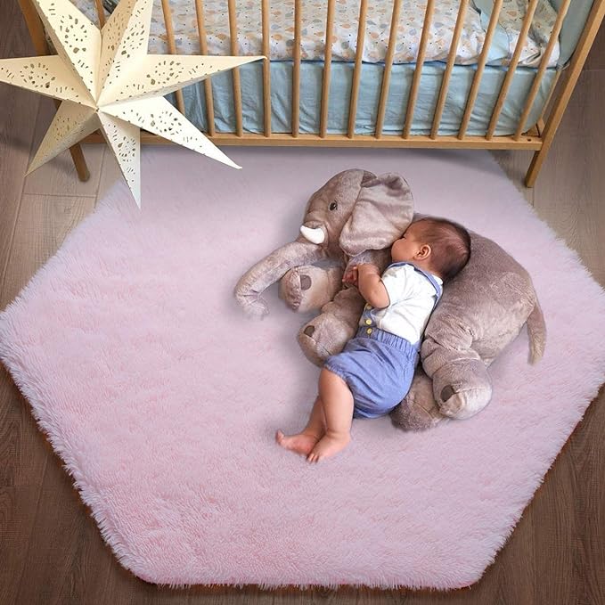junovo Ultra Soft Rug for Nursery Children Room Baby Room Home Decor Dormitory Hexagon Carpet for Playhouse Princess Tent Kids Play Castle, Diameter 4.6 ft, Pink - LeafyLoom