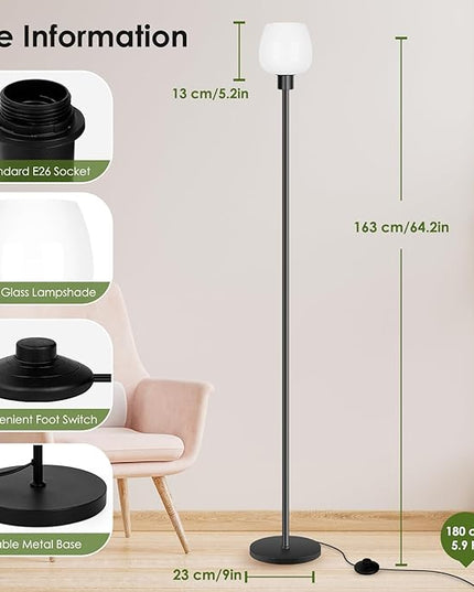 Floor Lamp for Living Room with 3 Color Temperatures, Standing Lamp with White Opal Glass Lampshade, Modern Tall Lamp with Foot Switch, Pole Lamp for Office Bedroom Dining Room, 9W LED Bulb Included - LeafyLoom