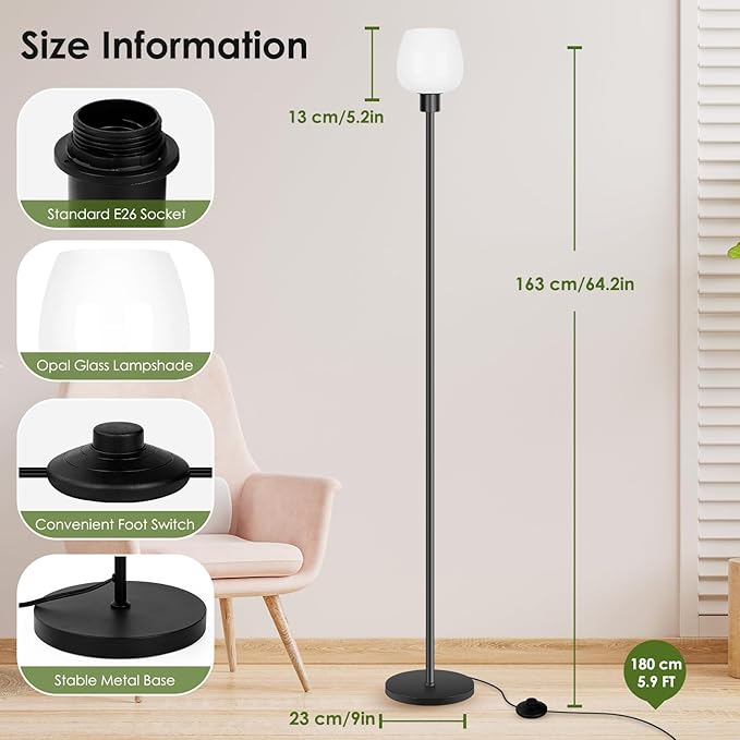 Floor Lamp for Living Room with 3 Color Temperatures, Standing Lamp with White Opal Glass Lampshade, Modern Tall Lamp with Foot Switch, Pole Lamp for Office Bedroom Dining Room, 9W LED Bulb Included - LeafyLoom