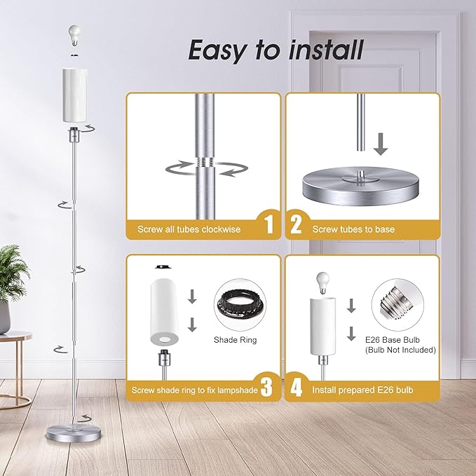 Floor Lamp for Living Room, Glass Lampshade Modern Standing Floor Lamp, 68 Inches Tall with E26 Socket for Office, Bedroom, reading or work - Silver with White Lampshade (Bulb Not Included) - LeafyLoom