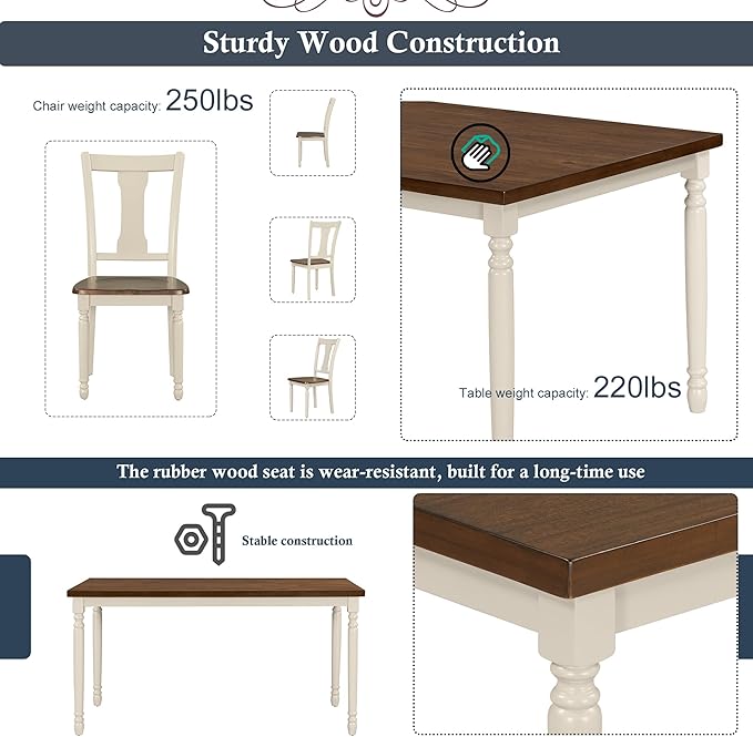 6-Piece Classic Dinette Sets Rectangular Wooden Kitchen Dining Table, 4 Chairs & Bench, for Diningroom Living Room, Easy to Assemble, Brown+Cottage White - LeafyLoom