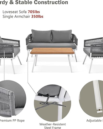 4-Piece Outdoor Patio Furniture Boho Rope Weave Set, Conversation Loveseat Sofa&Chairs with Acacia Wood Table and Thick Cushions, for Garden Backyard Balcony, Onesize, Beige - LeafyLoom