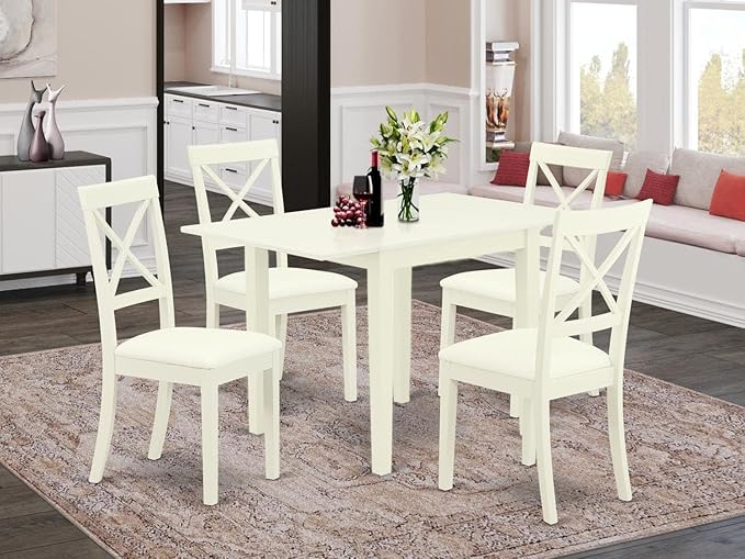 East West Furniture NDBO5-LWH-LC Norden 5 Piece Dinette Set for 4 Includes a Rectangle Room Table with Dropleaf and 4 Faux Leather Kitchen Dining Chairs, 30x48 Inch, Linen White - LeafyLoom