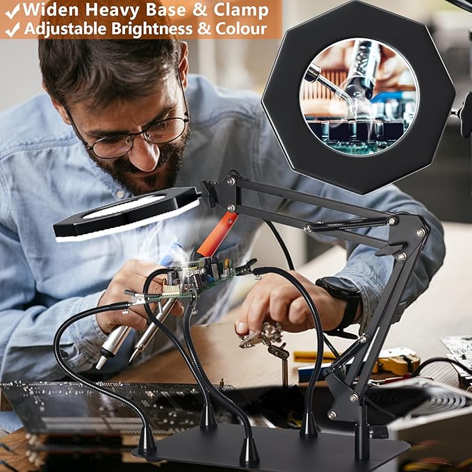 10X Magnifying Glass with Light and Stand,KUVRS 2200 IM 3-Color LED Magnifying Lamp, Magnetic Helping Hands, Adjustable Arm Large Base & Clamp Magnifier with Light for Soldering Craft Hobby Close Work - LeafyLoom