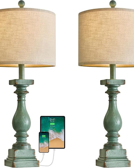 BOBOMOMO 27" Farmhouse Table Lamp Set of 2 with USB A+C for Bedroom Living Room Vintage Rustic Traditional Nightstand Bedside Lamps Retro Side Table Lamps (Green) - LeafyLoom
