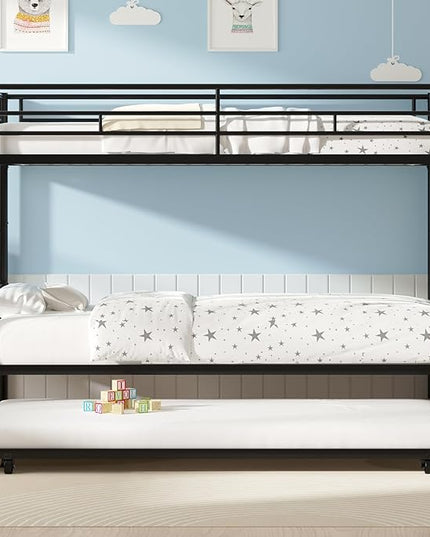 VECELO Twin Over Twin Bunk Bed with Trundle, Metal Bunkbeds with Ladder and Full-Length Guardrail, Noise Free, No Box Spring Needed, Black - LeafyLoom
