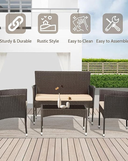 FDW Patio Furniture Set 4 Pieces Outdoor Rattan Chair Wicker Sofa Garden Conversation Bistro Sets for Yard (Brown) - LeafyLoom