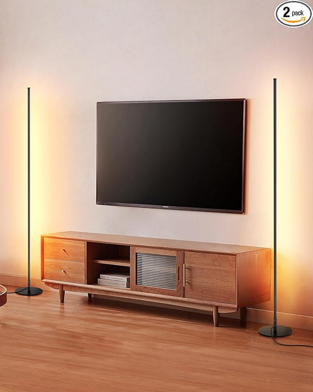 DEWENWILS LED Corner Floor Lamp, Set of 2 Modern Dimmable Mood Floor Light, 57.5" Minimalist Standing Tall Lamp for Living Room, Bedroom, Office, 3000K Warm White Light (Black) - LeafyLoom