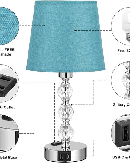 Acaxin Bedside Lamps for Bedrooms Set of 2 Nightstand- Crystal Table Lamp with USB C+A Ports & AC Outlet for Charging, 3 Way Dimmable Touch Silver Small Bed Side Table Lamp for Living Room - LeafyLoom